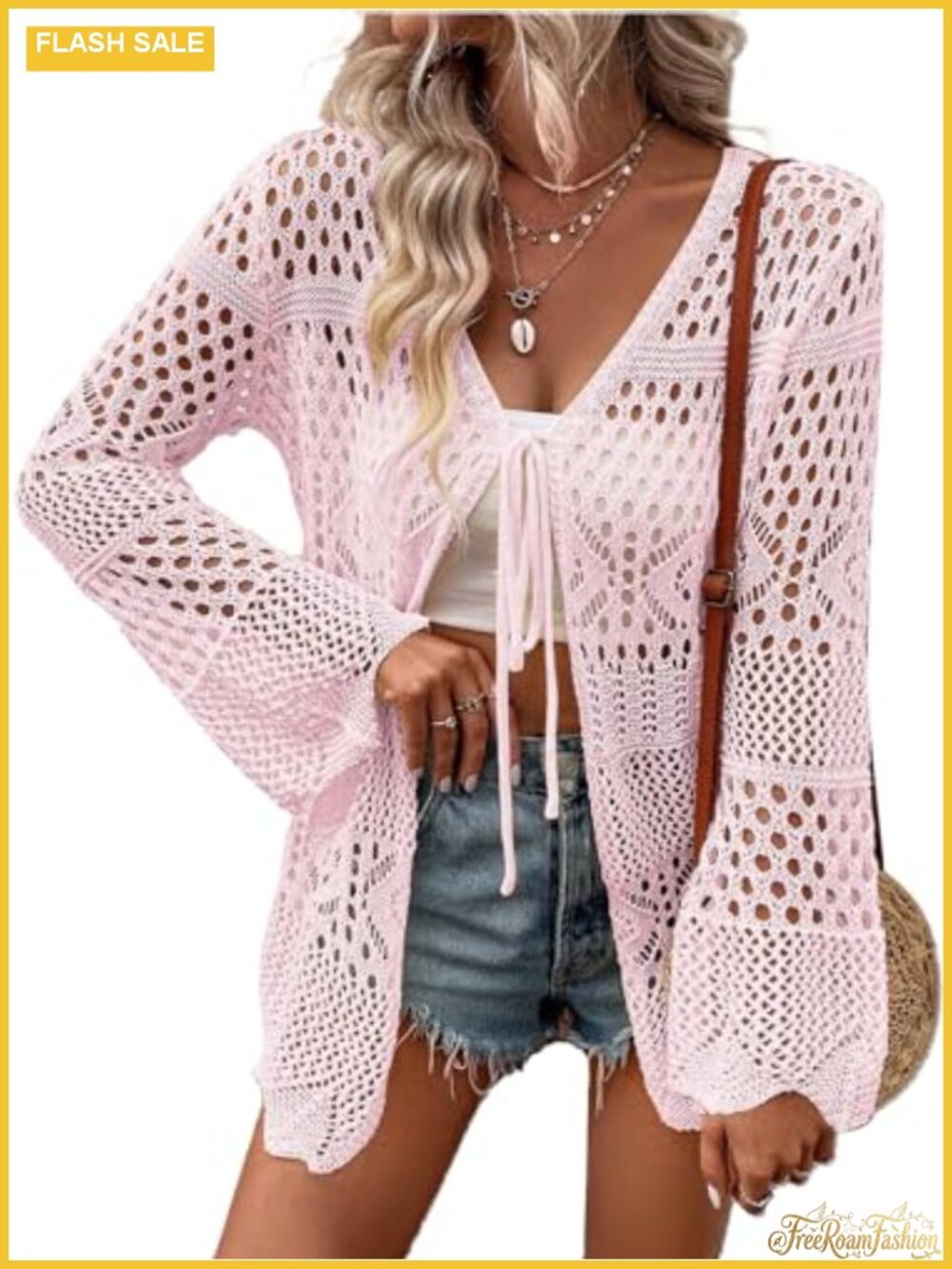 Crochet Knit Kimono Swimsuit Cover Up with Adjustable Tie Batwing Sleeve UPF 15